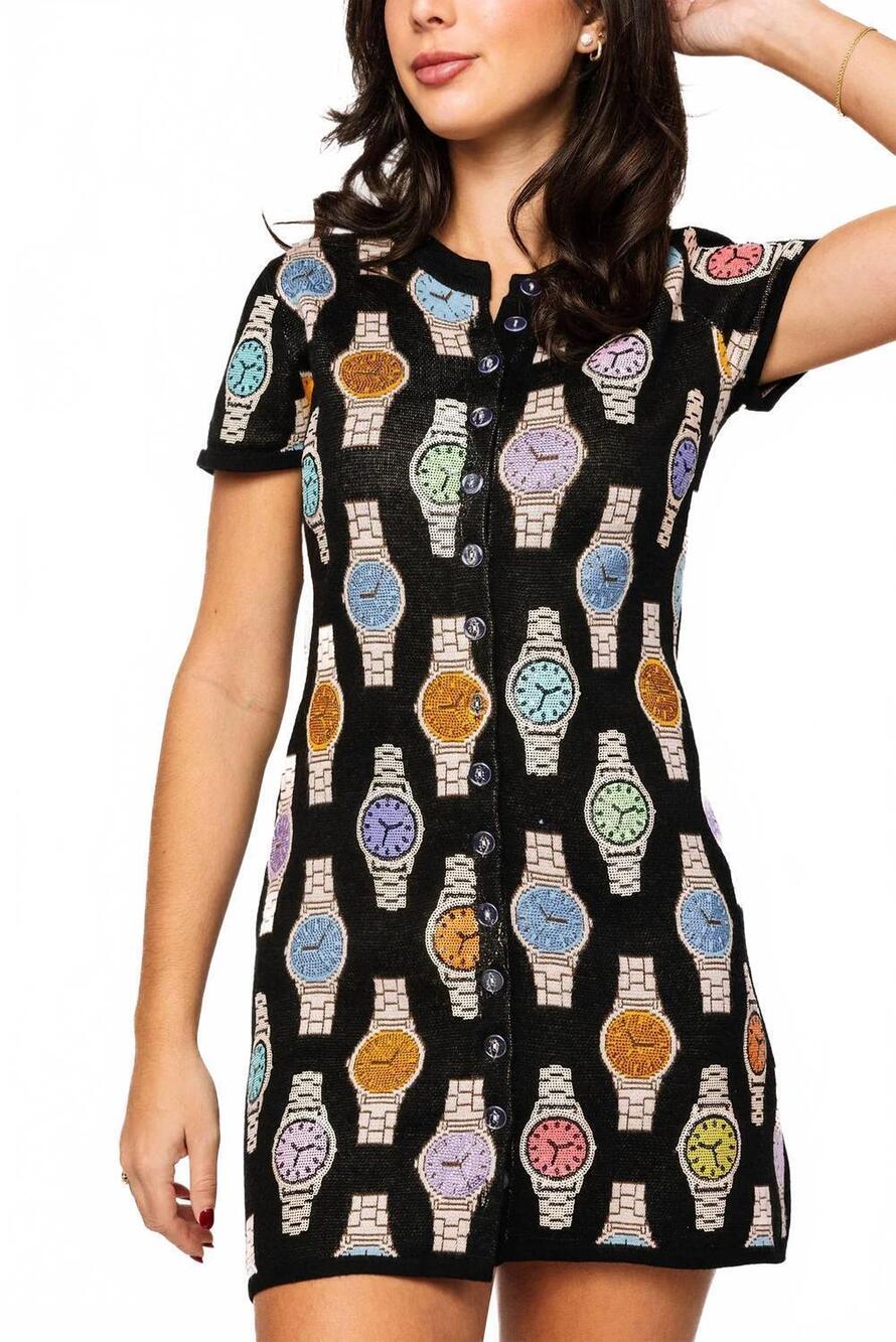 NEW QUEEN OF SPARKLES button up multi watch knit short sleeve dress in black